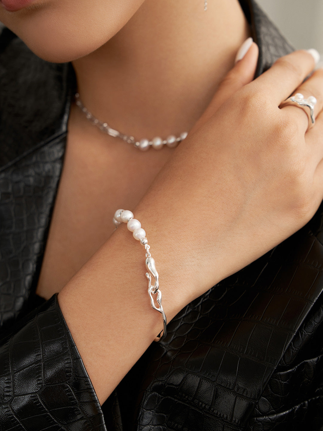 NO.13  Liquid Series: Pure Silver Pearl Bracelet